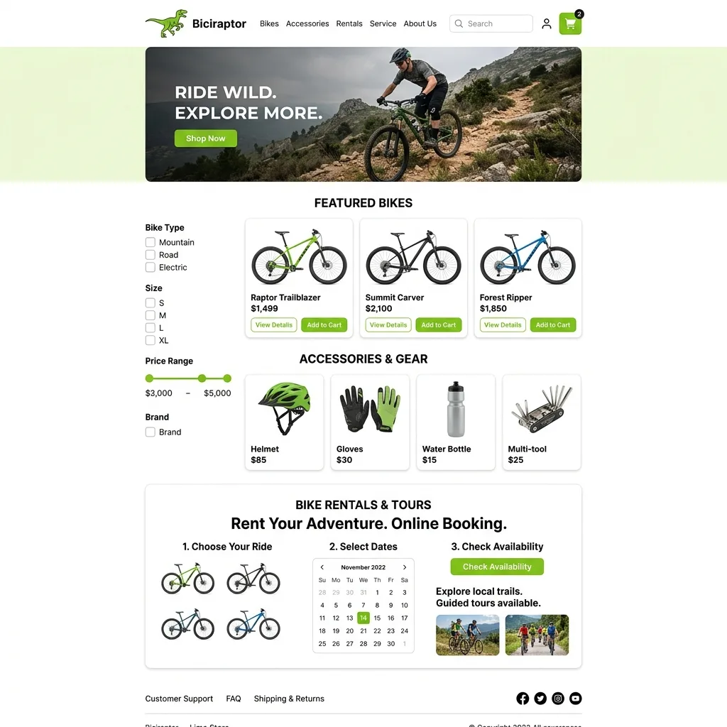 Biciraptor — E-commerce de bicicletas con sistema de reservas, reportes de pagos, inscripción a eventos y design system completo Shadcn/ui con 20+ primitivos Radix UI. React 18 + Supabase + TanStack Query.