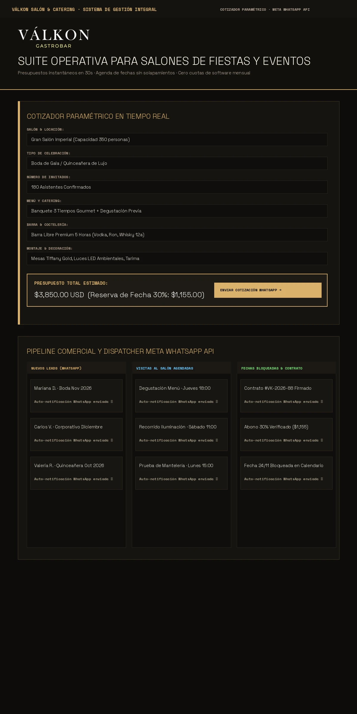 Válkon Salón & Catering — Sistema operativo y suite ERP para eventos de gala y alta gastronomía. Cotizador paramétrico instantáneo, automatización WhatsApp Business API y arquitectura soberana sin comisiones SaaS.